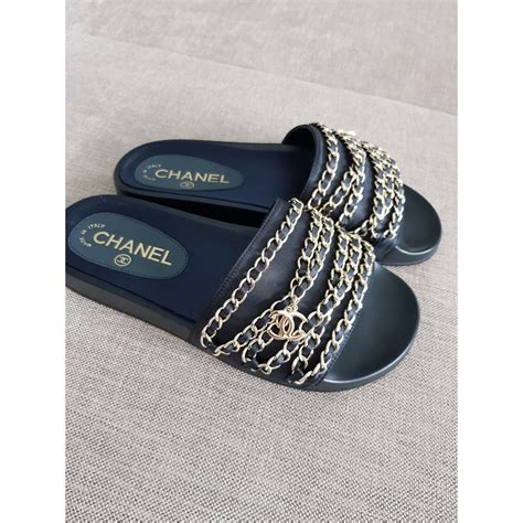 black chanel chain slides|black chanel velcro sandals.